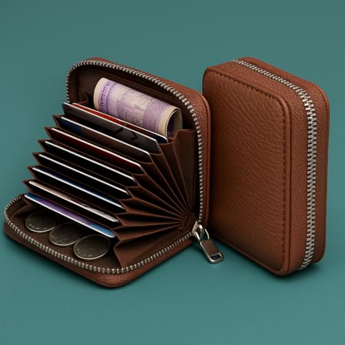 Image of VEMILIO Vegan Leather Zipper Wallet for Men & Women | 9 Card Slots | 2 Cash Compartments | Stylish Slim Credit Card Holder Purse | Travel Friendly Compact Wallet Gift for Boys Girls (Brown)