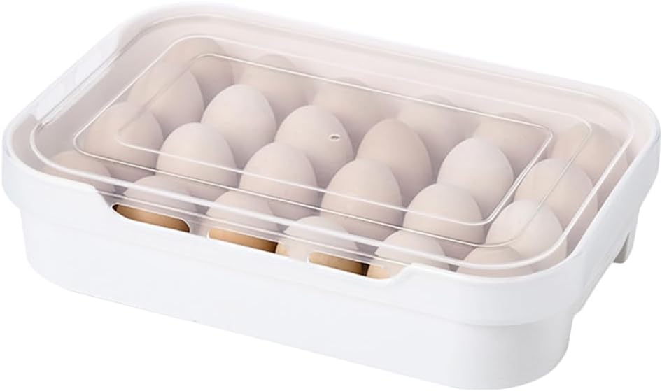 Deviled Egg Containers with Lid:Easter Covered Holder for Refrigerator Plastic for 24 Eggs Dispenser Drawer Type with Holes for Airflow White PP 12.6x8.7x2.95In Kitchen Refrigerator Supplies Stackabl