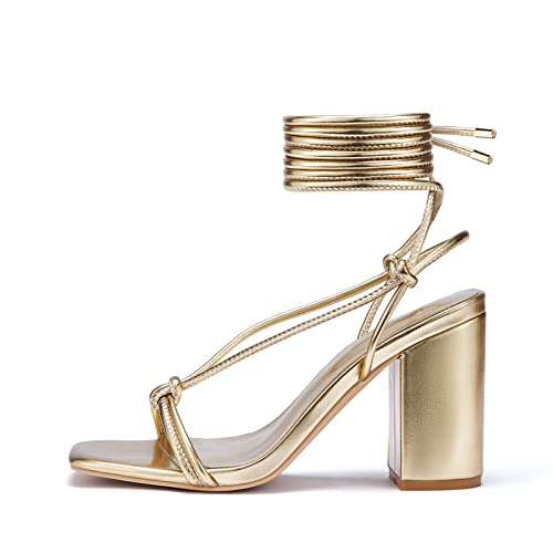 Elisabet Tang Women's Strappy Chunky Heels Sandals, 3 inch Low Block Heels Lace Up Ankle Wrap Heels Square Open Toe Tie Up Heeled Sandals Shoes2