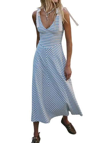 Image of Women Casual Summer Dresses Smocked V Neck Beach Dress Striped Sleeveless Sundress Flowy Long Dress with Pockets Blue White
