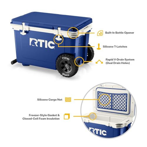 Image of RTIC 52 Quart Ultra-Light Wheeled Hard Cooler Insulated Portable Ice Chest Box for Beach, Drink, Beverage, Camping, Picnic, Fishing, Boat, Barbecue, 30% Lighter Than Rotomolded Coolers