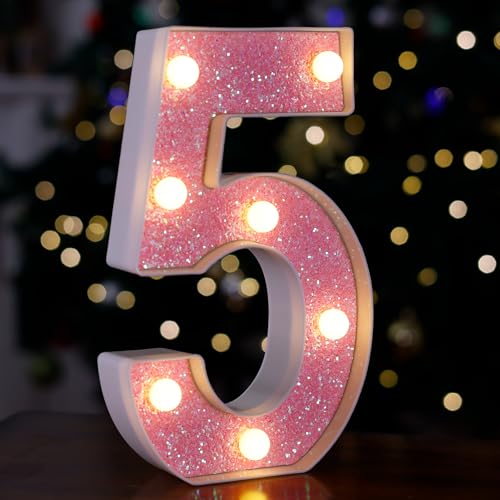 Image of LED Letter Lights Pink Glitter Marquee Letters Light Up Alphabet Letters Sign Battery Powered for Home Party Decoration Night Bar Wedding Birthday Christmas Lamp Girls Gift - Number 5