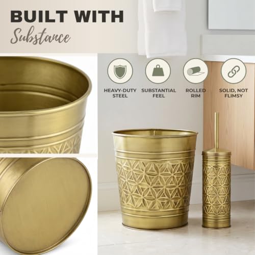 Image of Autumn Alley Toilet Brush and Holder Set with Brushed Brass Bathroom Trash Can - Brass Bathroom Accessories Garbage Can Set for Rustic and Modern Bathroom Decor