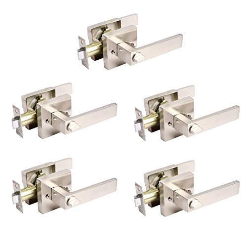 5 Pack Heavy Duty Square Keyless Door Locks Door Handles Brushed Nickel, Privacy Function-Locked Inside with Turn-Thumb for Security, Used for Bedroom Bathroom