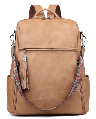 FADEON Leather Laptop Backpack for Women Designer 15.6 inch PU Laptop Bag, Ladies Travel Computer Work Backpack Camel Brown