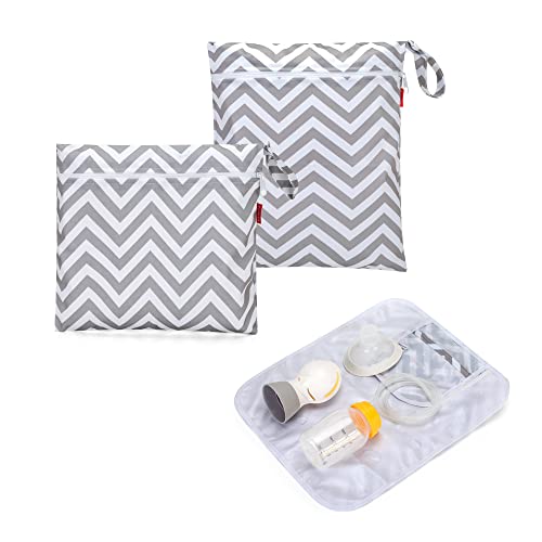 Image of Damero Breast Pump Parts Bag with Place Mat, Gray Chevron | 2Pack Wet Bag for Breast Pump Parts Storage, Pumping Wet Dry bag