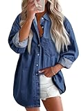 Astylish Women's Button Down Denim Shirt Casual V Neck Long Sleeve Classic Blouse Relaxed Fit Chambray Shirt Navy Blue Medium