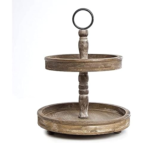 Hallops Wood 2 Tiered Tray | Rustic Farmhouse Decor | Rustic Serving Cake Stand | Galvanized Kitchen Table | Fall Decor | Food and Party Display(Brown) Cover