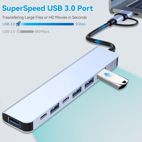 Image of Tobo USB C Hub 7 in 1 Multiport USB Adapter with 1x USB 3.0, 4X USB 2.0 Ports, 1x USB C and 1x 60W PD Charging Port for MacBook Pro /Air, iMac, Surface Pro, More