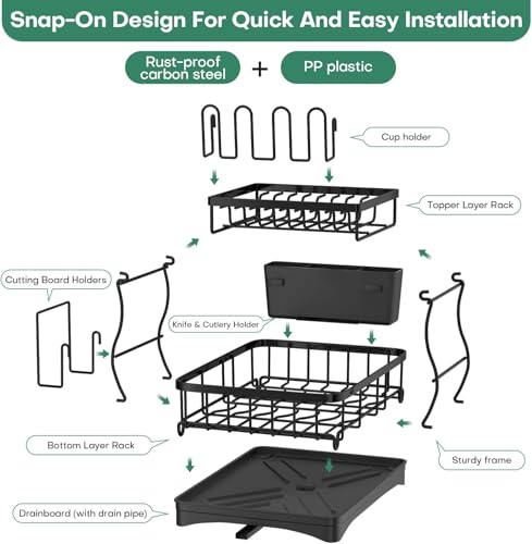 Image of ZENOVIA Dish Drying Rack 2-Tier with Drainboard & Drain Pipe | Rust Proof Carbon Steel Kitchen Organizer with Cup, Knife & Cutlery Holder | PP Tray | Snap On Assembly