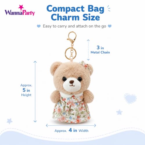 Image of Wanna Party Teddy Bear Plush Keychain, Cute Soft Bear Bag Charm with Floral Dress & Gold Metal Chain