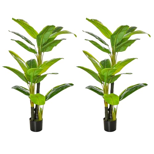 HOMCOM Pack de 2 Bananeras Artificiales 150 cm Plataneras Artificiales con Maceta y 18 Hojas para Decoración de Interior Hogar Salón Oficina Verde