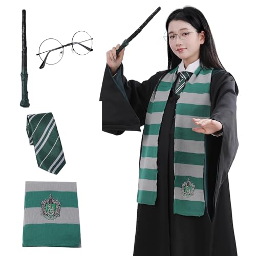 [トレンディモール] 新色 ハリーポッター Hally Potter コスプレ スリザリン コスチューム マント ハロウィン USJ ユニバー ディズニー イベント パーティー 仮装 変装 制服 衣装 男性 女性 男女兼用 大人 学園 魔法 魔術 学校 マント ローブ フード付き ネクタイ 魔法の杖 メガネ マフラー 5点 セット (Slytherin（グリーン）, M-L)