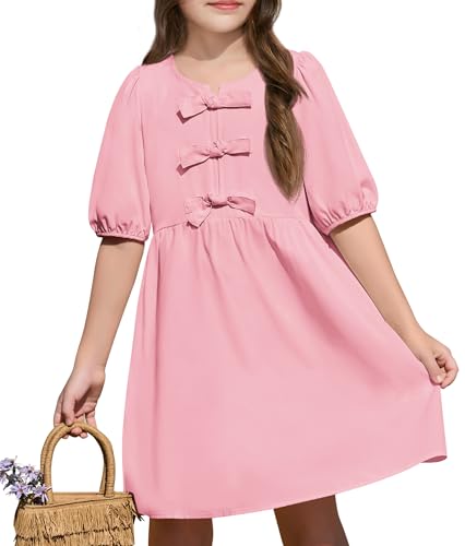 Yousify Girls Summer Dresses Cute Toddler Puff Short Sleeve Dresses A-Lined Flowy Trendy Bow tie Mini Dress Kids Outfits