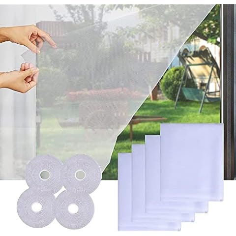 Pack of 4 Fly Screen Nets for Windows, 130 x 150 cm, Self-Adhesive Window Screen Net with 4 Rolls of White Tapes, Washable and Reusable, Easy Installation, Keeps Bugs/Flies / Mosquitoes Outdoor Cover