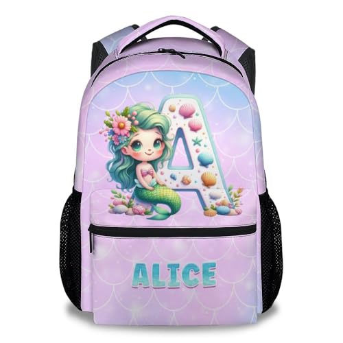 Custom Backpack for Girls, 17 Inch Personalized Cute Initial Mermaid Backpacks for Kids, Pink Lightweight Bookbag for School