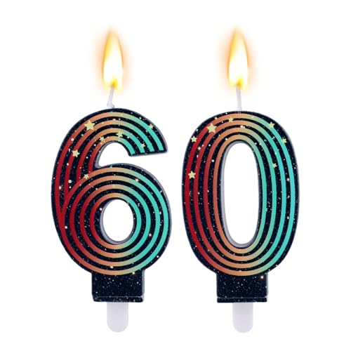 Goktvai 2pcs Birthday Candles Colorful Retro-Themed Number Candle Cool Vintage Theme Party Decoration Supplies Suitable for Birthday & Anniversary Cake Decoration (Number 60)