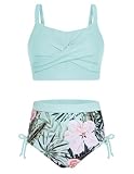 GRACE KARIN Mädchen Badeanzug 2-teilig Bikini Hawaiian Strand Badeset mit Blumenmuster für Kinder Hellgrün 16 Jahre
