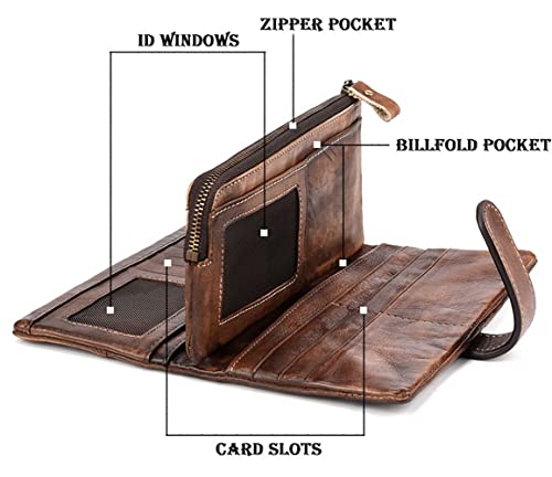 Men's Genuine Leather Wallet, Vintage Long Wallet, Business Card Case Checkbook, Detachable Zipper Pocket3