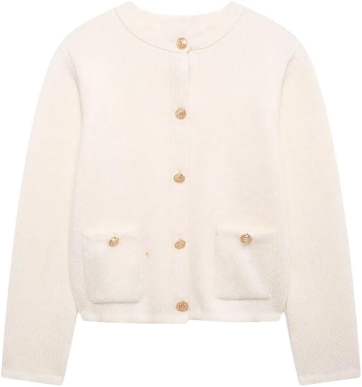 Women Chic and Versatile Gold Buckle Decoration Sweater Long Sleeved Round Neck Knitted Coat