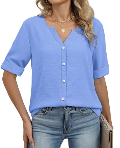 Image of OFEEFAN Button Down Shirts for Women 3 /4 Length Sleeve Tops V Neck Blouses Business Casual Outfits Loose Fit