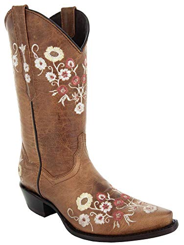 Soto Boots Womens Showstopper Snipped Toe Floral Cowgirl Boots M50044 (Tan,8.5 B(M) US)