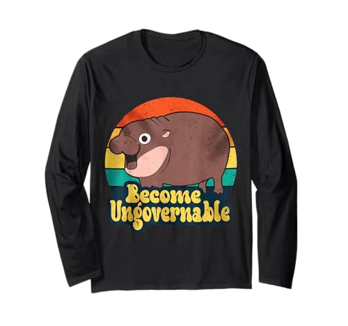 Divertido hipopótamo pigmeo 'Become Ungovernable' Retro Manga Larga