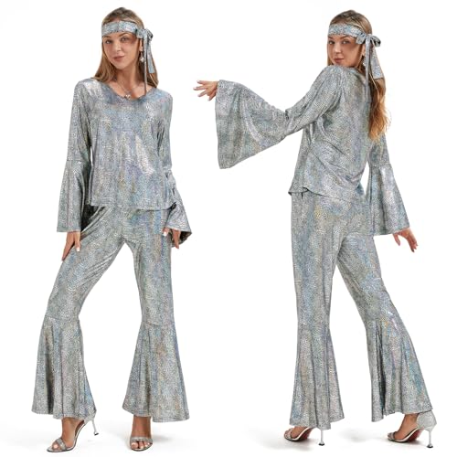 Ragelion Disco Outfit Damen,60er 70er Jahre Outfit Damen für Halloween Party mit Top Hose Zubehör