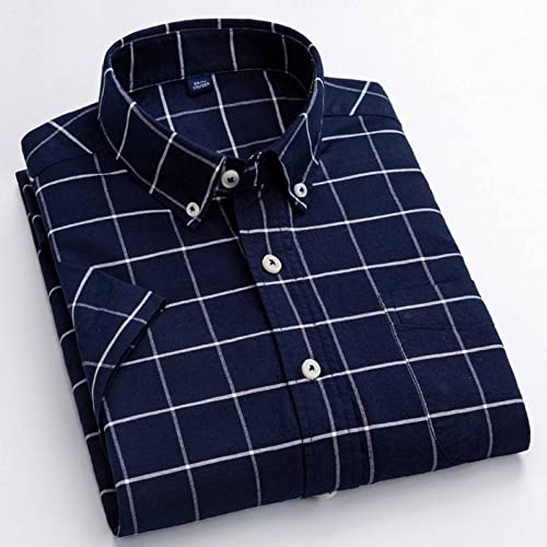 Chemises pour hommes à manches courtes bleu marine à carreaux en coton mince H3TF5J