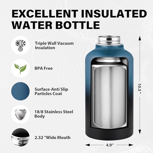 Image of Insulated Water Bottle 64 oz, Triple Wall Vacuum Stainless Steel Water Bottles (Cold for 48 Hrs), Leak Proof & Non-BPA, Half Gallon Water Flask Jug Wide Mouth Straw Lid & Spout Lid