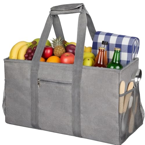 Sacola utilitária extragrande, sacola de compras cinza reutilizável de 56 cm com alças, tecido Oxford 600D de longa duração, bolsa de armazenamento dobrável com vários bolsos