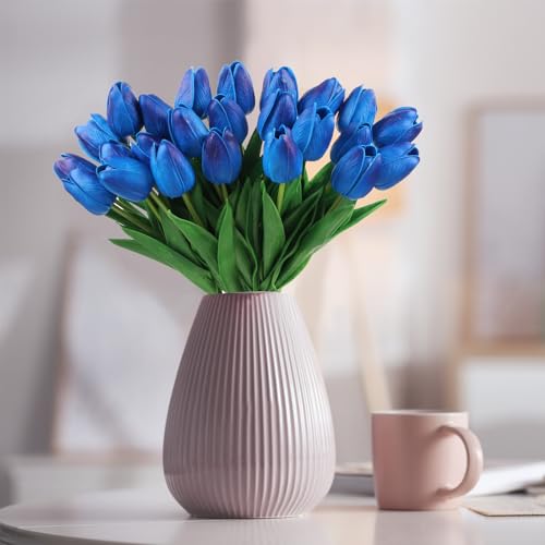 Flores artificiales de tulipanes azules decorativos con tallos para jarrón de casa 7