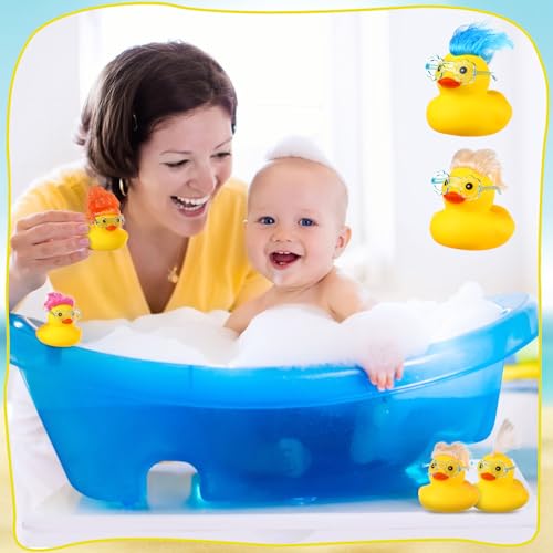 VercanMonth 24 Pcs Rubber Cruise Ducks Bath Toys with Wig and Blue Flower Sunglasses, Tiny Ducks Funny Rubber Toys Bulk for Bath Shower Birthday Gifts Spring Summer Pool Cruise Party Favors, Random - Thumbnail 5