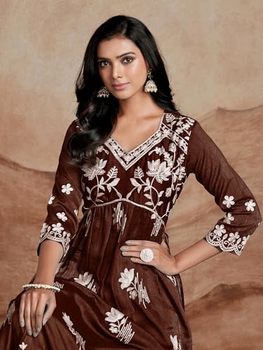 Image of EthnicJunction Women's Silk Blend Regular Fit Chikankari Embroidered Naira Cut Kurta