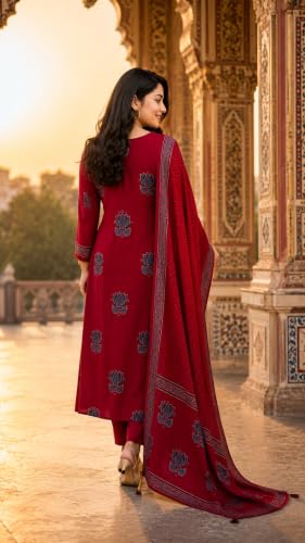 Image of Women's Cotton Kurta Sets for Women with Palazzo Pants with Dupatta for Woman | Pure Cotton 3 Piece Kurti Set | Women Suit Set for Daily