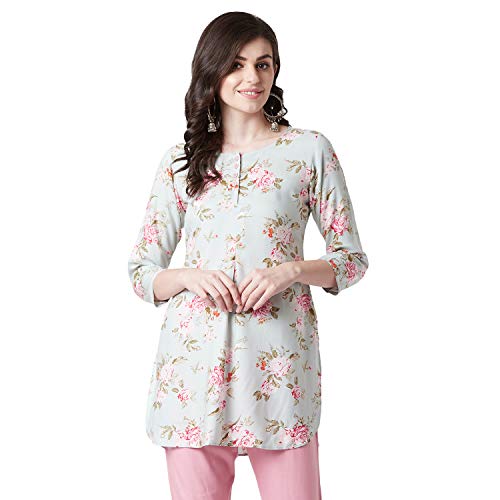 Image of Tissu Women's Sage Green & Pink Floral Printed Kurti