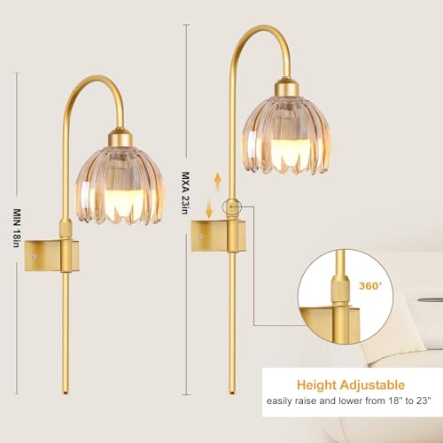 Image of Vintage Battery Operated Wall Sconces Set of Two, Flower Wireless Rechargeable Battery Powered Wall Lights Lamp with Remote Control & Green Glass Lampshade,Gold Wall Sconces for Bedroom Living Room