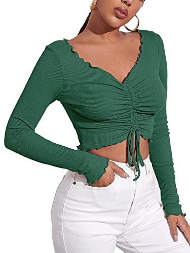 Gerafftes Crop-Top für Damen, langärmelig, mit Kordelzug, V-Ausschnitt, gerippt, armee-grün, Mittel Cover