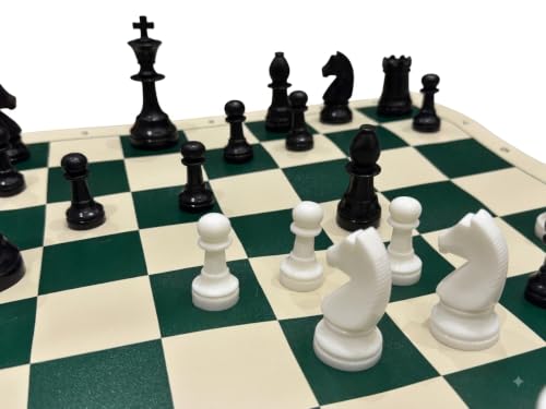 Image of PALM ROYAL HANDICRAFTS 17x17 inches Portable Travel Chess Set - Roll-Up Vinyl Board with Staunton Chessmen and Zippered Carrying Case - Perfect for Tournaments, Schools, and Outdoor Play.
