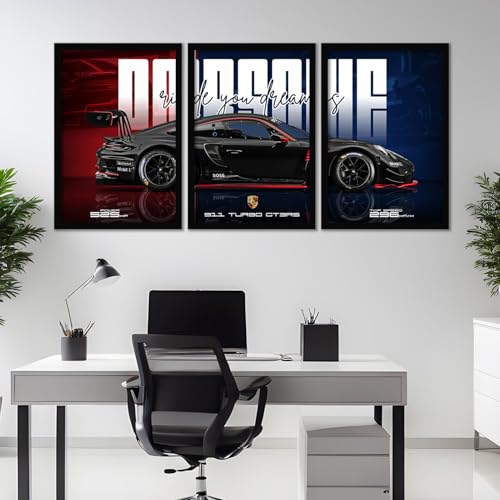 Image of ARTELLY Big Porsche 911 GT3rs Sports Car Framed Wall Posters, Set of 3, Premium Framed Painting, Living Room Bedroom Decoration, Large Size Gift Item for Boys Room Decor (Porsche 4, 13x19 inch)