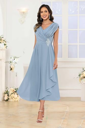 Lace Applique Chiffon Mother of The Bride Dresses Cap Sleeve V Neck Formal Evening Dress for Women3