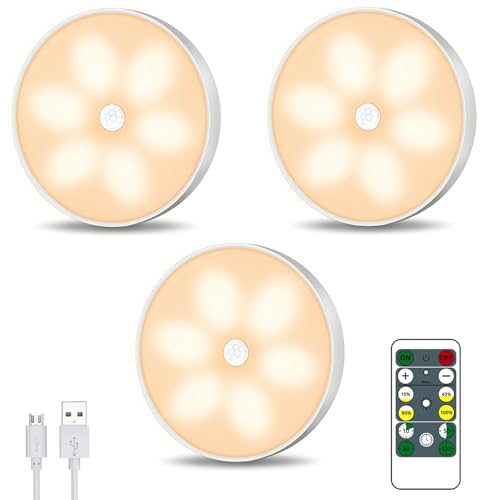 Warm Color LED Closet Lights Motion Sensor Step Light, USB Rechargeable Battery Operated Puck Lights, Dimmable Under Cabinet Counter Lighting for Wardrobe Kitchen (3 Pack)