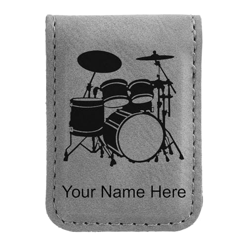 LaserGram Slim Magnetic Money Clip, Drum Set, Personalized Engraving Included (Gray)