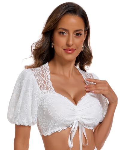 SIMIYA Dirndl Bluse Damen Spitze Dirndlbluse Weiß mit Puffärmel Kordelzug
