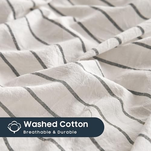 Image of Wake In Cloud - Striped Cotton Duvet Cover Set, Ticking Stripe Vertical Pinstripe Farmhouse, 100% Washed Cotton Textured Bedding Set, 3 Pieces, White, Twin /Twin XL Size