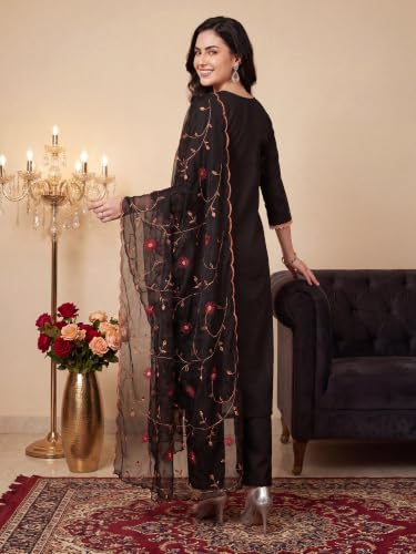 Image of INDO ERA Women's Silk Blend Floral Embroidered Thread Work Straight Kurta & Pant with Dupatta Set | Kurti Set
