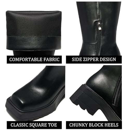 CouieCuies Black Knee High Boots For Women Square Toe Chunky Heel Comfortable Tall Boot Pu Leather Lug Sole Shoes2