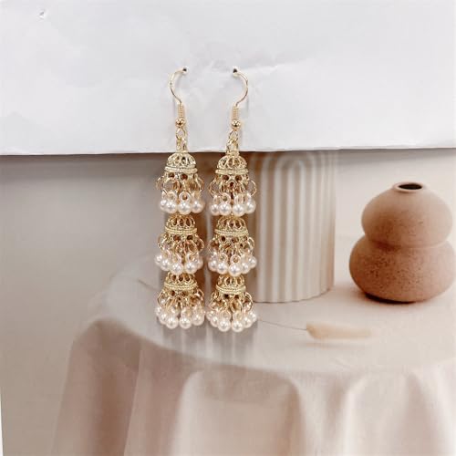 Vintage Triple Jhumki Bell Pearl Long Tassel Dangle Earrings for Women Gold Plated Delicate Personalized Bohemia Indian Chandelier Hook Large Statemen Dangling Hypoallergenic Traditional Jewelry2