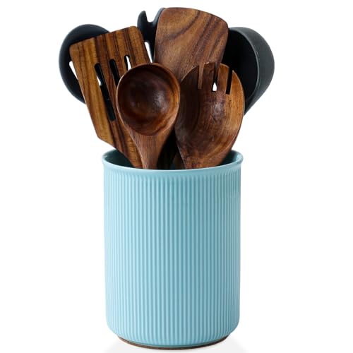 Image of LoeJan Utensil Holder, Extra Large Utensil Crock, Stable Ceramic Utensil Organizer, Cooking Tool Organizer Set for Kitchen Counter Farmhouse Decor, Turquoise