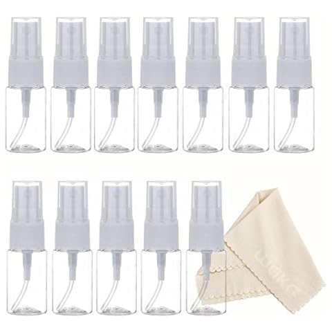 waka Plastic Mist Spray Bottle 10ml - Atomiser Mini Bottle Leakproof Small Travel Bottle Set for Makeup, Test, Travel, Microfibre Cleaning Cloth included, [12 Pack] Cover